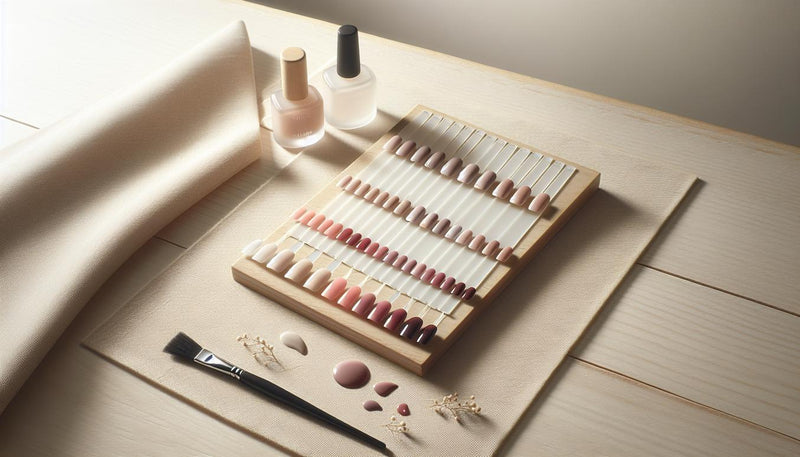 Nahaufnahme kurze gelnägel farben: geordnete Nail-Swatches in Nude, Mauve, Coral und Burgund neben drei mattierten Gel-Fläschchen und feinem Nagelpinsel auf hellem Holz.