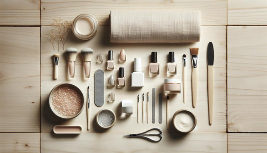Minimalistisches Flatlay auf hellem Birkenholz mit aufgeräumtem Maniküre-Set: geöffnete Base- und Top-Coat-Fläschchen, Feile, Pinsel, kurze GellyTips und Handcreme – kurze gelnägel ideen