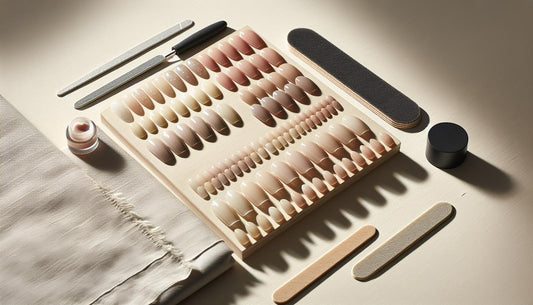 Minimalistisches Flatlay mit vorgeformten Short-Soft-Gel-Tips in neutralen Nudetönen und einem pastell-pinken Akzent, Feile & Buffer als Duo und kleinem Tiegel Nagelhautöl auf hellem Birkenholz – kurze gelnägel ideen