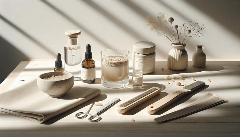 Nahaufnahme einer minimalistischen Maniküre-Station mit Base Gel, Top Coat, Dehydrator, offenem Nagelölglas und feinem Buffer auf hellem Holztisch – kurze Gelnägel.