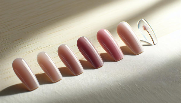 Fünf kurze Gelnägel als einzelne Design‑Tips auf hellem Holz: Rosé (#e684b4), feine French‑Linie, seitlicher Negative‑Space, dünne dunkelblaue Geometrie mit schwarzem Akzent und matte Taupe.