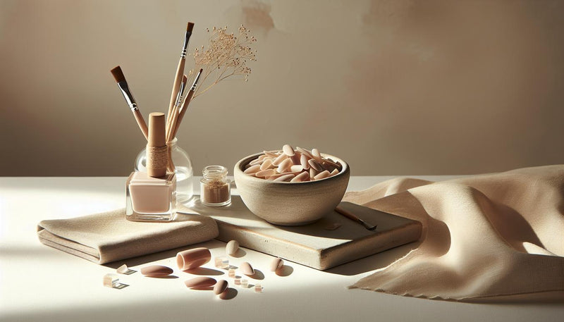 Detailaufnahme von kurzen Gelnägeln (Nail‑Samples) in Nude‑Tönen auf beigem Leinen mit dezentem Glanz, natürlichem Licht und minimalistischem NailX‑Styling