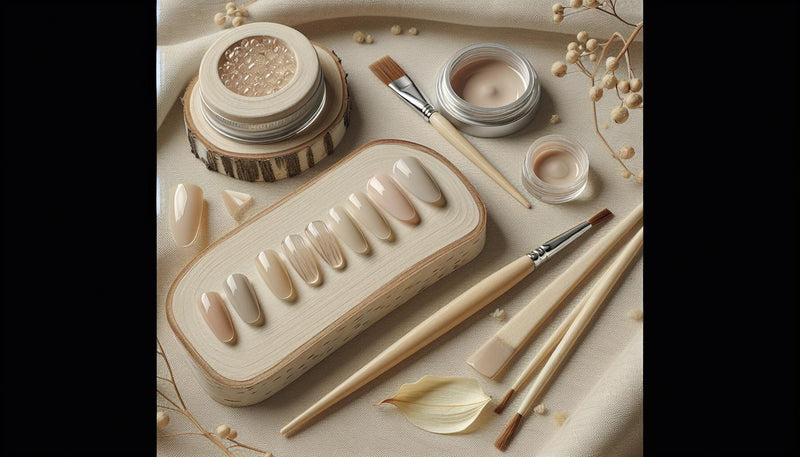 Stille Nahaufnahme kurzer Gelnägel (kurze Gelnägel) als Squoval Gel-Tips in Nude auf hellem Leinen, mit offenem Gel-Tiegel, Nailart-Pinsel und dezentem pinken Akzent, weiches Tageslicht.