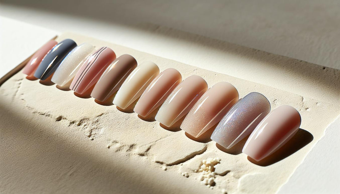 Nahaufnahme von fünf kurzen Gelnägeln auf Sandstein mit sheer Pastell, Neon-Akzent, Micro-French und Thermo-Akzent in warmer Sommerbeleuchtung — kurze gelnägel sommer 2025