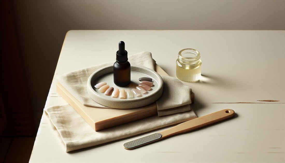 Minimalistische Nahaufnahme kurzer Gelnägel (Press-on-Tips) auf Keramiktablett mit offenem Cuticle-Oil-Fläschchen und Leinenstoff, dezente NailX-Pink-Akzente, helle Holzoberfläche.