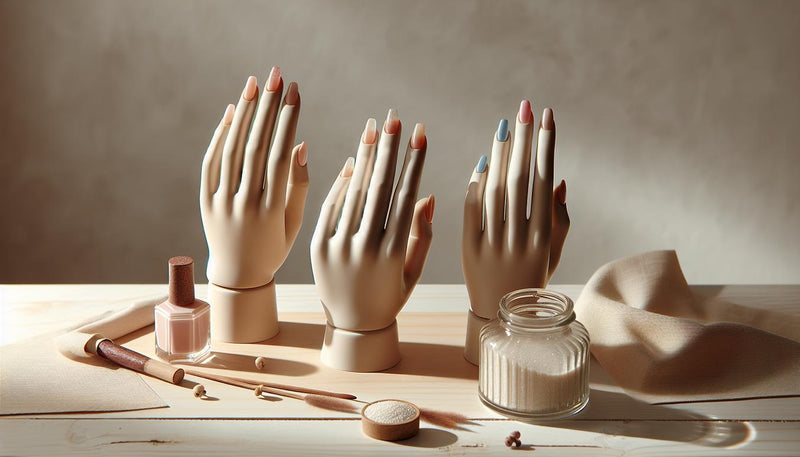 Minimalistische Nahaufnahme dreier keramischer Handmannequins mit kurzen Gelnägeln: Rosé-Nude French, Pastell-Ombre mit Glitzerstreifen und kräftiges Blau auf hellem Holz.
