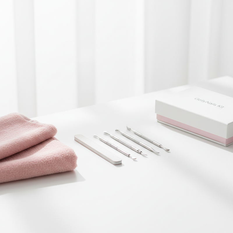 Minimalistische Nahaufnahme einer Maniküre-Station mit GellyNails Kit, pastellrosa Handtuch und Nagelwerkzeugen, fokussiert auf kurze Nägel, weißer Hintergrund