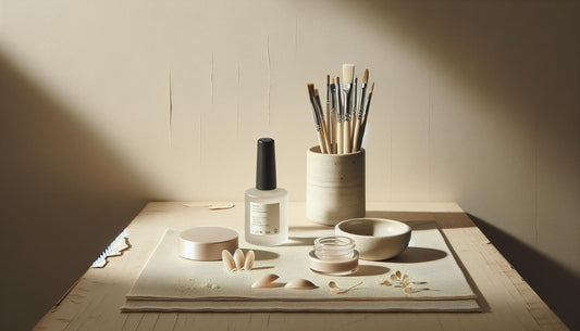 Minimalistisches Stillleben: offenes Gel‑Starter‑Set mit Glastiegeln, Nagelpinsel und Keramikschale mit kurzen Nude‑Gel‑Tips auf hellem Holz – kurze nägel trend 2025