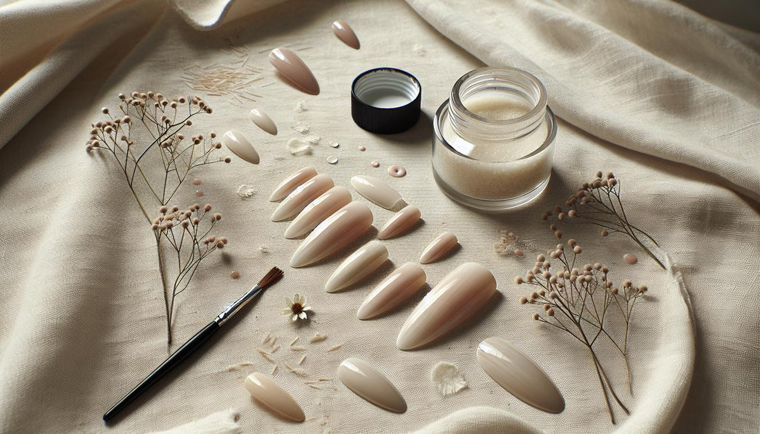 Drei Sets künstlicher lange nägel (Mandel, Oval, Coffin) auf hellem Leinen, offener Glastiegel und Nailart-Pinsel, dezente pinke Akzente.