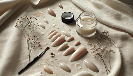 Drei Sets künstlicher lange nägel (Mandel, Oval, Coffin) auf hellem Leinen, offener Glastiegel und Nailart-Pinsel, dezente pinke Akzente.
