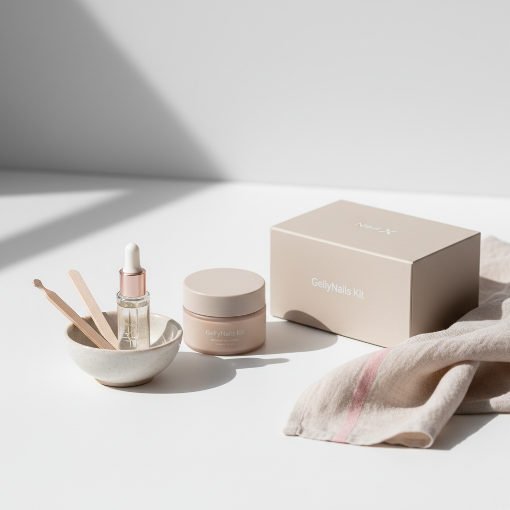 Minimalistisches Still-Life: weiße Fläche mit Nagelöl, beiger Creme, geschlossenem GellyNails-Kit und Leinenstoff mit #f57fb6 Akzent. Längsrillen in Fingernägeln