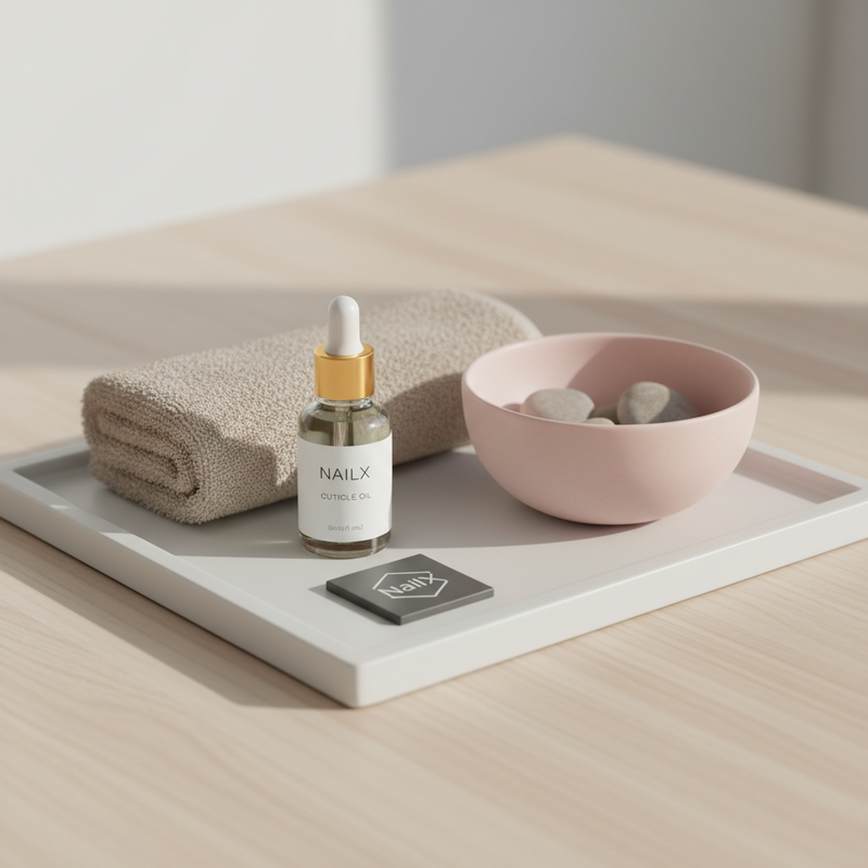 Nahaufnahme eines weißen Tabletts mit Nagelhautöl, beigem Handtuch, pastellrosa Schale und NailX-Logo-Kachel – minimalistisches Stillleben, Fokus auf Längsrillen.