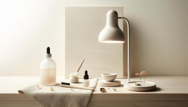 Minimalistischer Nageltisch mit LED Lampe Gelnägel links, offenes Gelfläschchen, Primer und Pinsel auf hellem Birkenholz, dezenter rosa Akzent