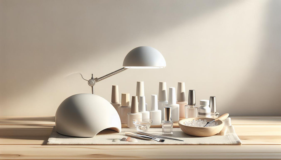 Minimalistische Maniküre-Station mit LED-Nagellack-Lampe, geordneten Gellack-Fläschchen, Cleaner und Nagelöl auf hellem Holz, dezente Pink-Akzente, ruhige weiße Ästhetik, led-nagellack