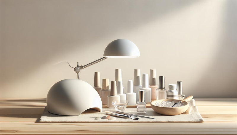 Minimalistische Maniküre-Station mit LED-Nagellack-Lampe, geordneten Gellack-Fläschchen, Cleaner und Nagelöl auf hellem Holz, dezente Pink-Akzente, ruhige weiße Ästhetik, led-nagellack