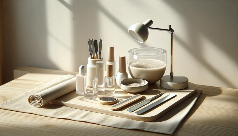 Nahaufnahme eines aufgeräumten Nagelarbeitsplatzes mit Buffer, feiner Feile, Glasfläschchen (Dehydrator, Primer), LED‑Lampe und offenem Top Coat, minimalistisch, liftings