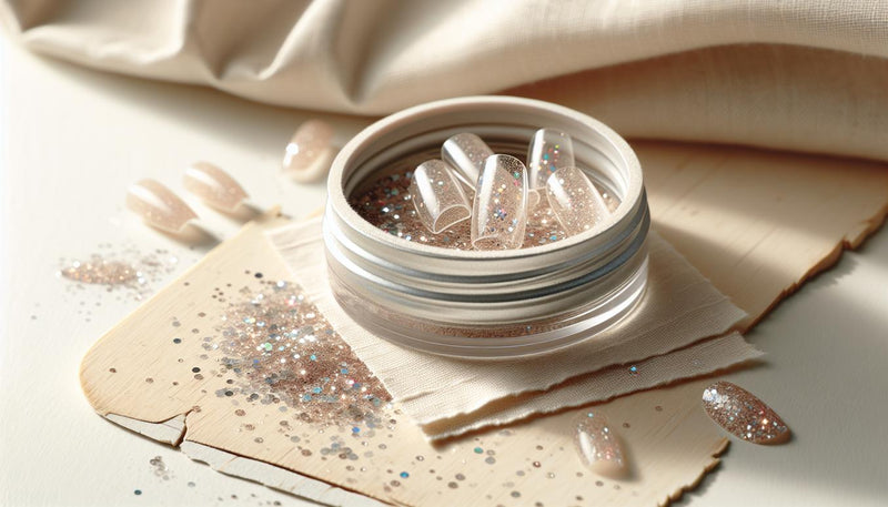 Nahaufnahme von fünf losen Glitzer Gelnägeln (Press-On-Tips) mit klarer Encapsulation über mehrdimensionalem Glitzer auf hellem Birkenholz und beigem Leinen, minimalistisches NailX-Styling, loser glitzer gelnägel