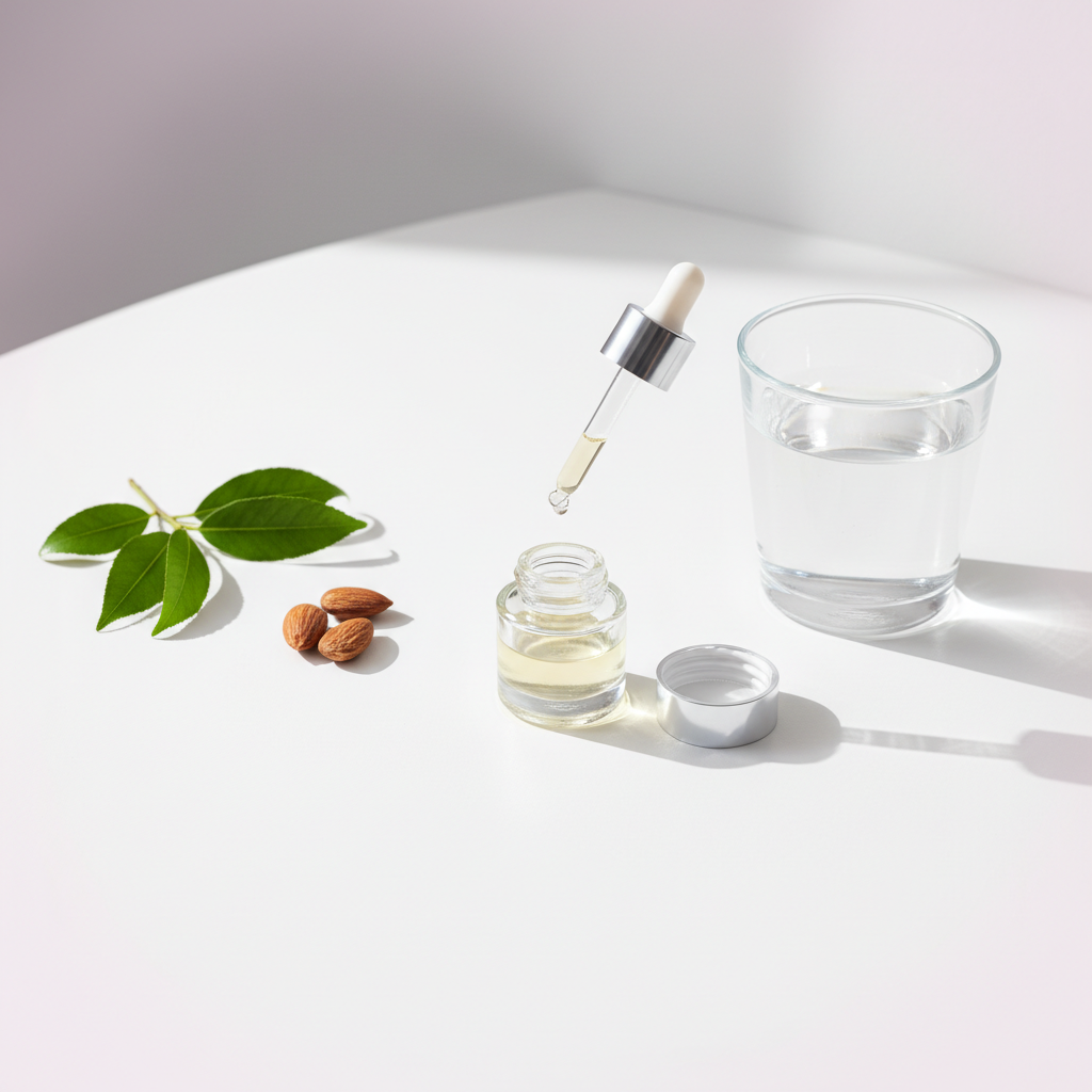 Offenes Cuticle-Öl-Glas auf weißer Tischplatte mit Mandeln, grünen Blättern und Glas Wasser in sanftem Seitenlicht – Magnesium und Nägel