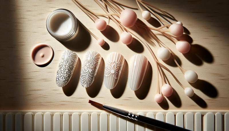 Makroaufnahme von fünf Musternägeln mit milchig weiße gelnägel auf hellem Birkenholz, feiner Pinsel und offenes Glastiegel, dezente Pink- und Schwarz-Akzente.