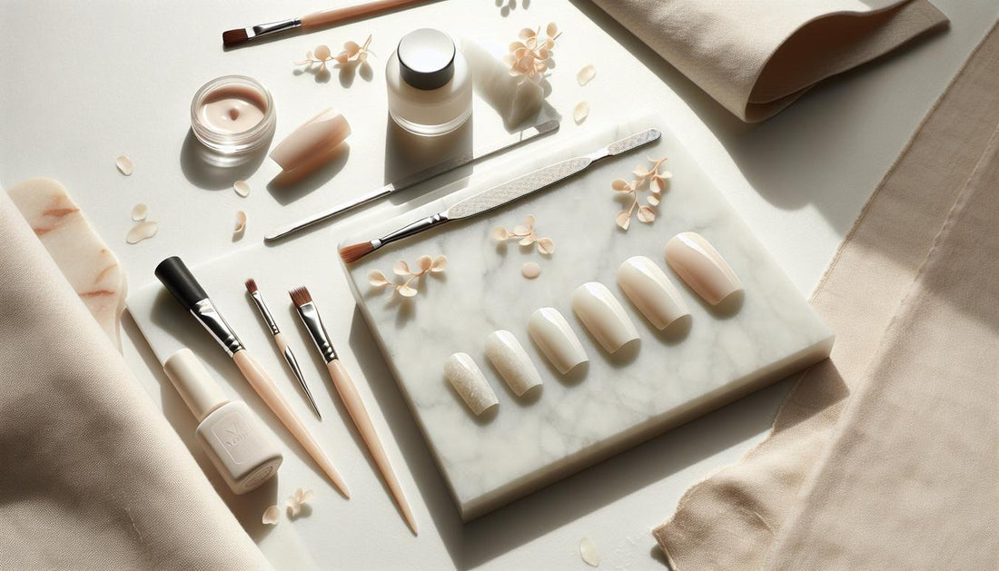 Flatlay auf heller Marmorplatte mit mehreren milchig weiße Nägel (Gel-Tips), geordnetes Nail-Tool-Set (Pinsel, Feile, Primer), dezente Blütenblätter, weiches Tageslicht, minimalistisch.