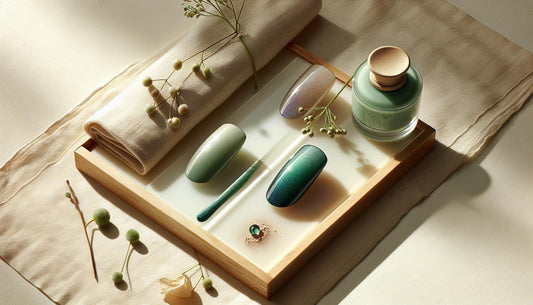 Drei Nail‑Swatches (glänzendes Smaragdgrün, mattes Nude, holografisches Amethyst) auf hellem Holz und Leinen, minimalistisches Styling — moderne nagelfarben 2025