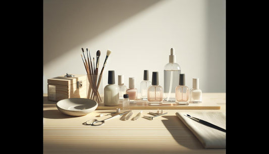 Minimalistischer Nagelarbeitsbereich mit neutralen Pastellfläschchen, LED‑Lampe, feinem Pinsel und Glas Nagelöl auf hellem Holz – moderne Nagelfarben als dezente Akzente.