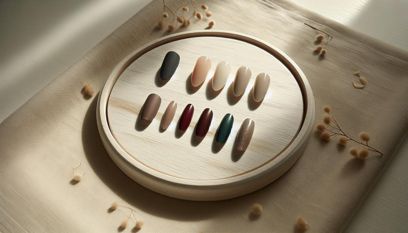 Nahaufnahme stilvoller Anordnung mit verschiedenen Nagelformen (Mandel, Squoval, Ballerina, Stiletto) in Wintertönen auf hellem Holz – moderne nagelform 2025