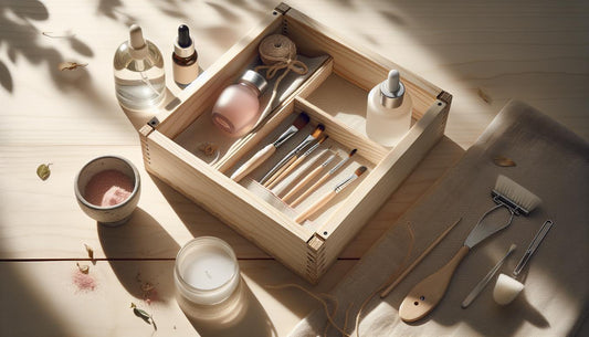 Minimalistisches Maniküre‑Setup auf hellem Birkenholz mit offener Kit‑Box, Glasfläschchen, Nagelöl, feinen Pinseln und UV‑Lampe – nachhaltige nagelpflege