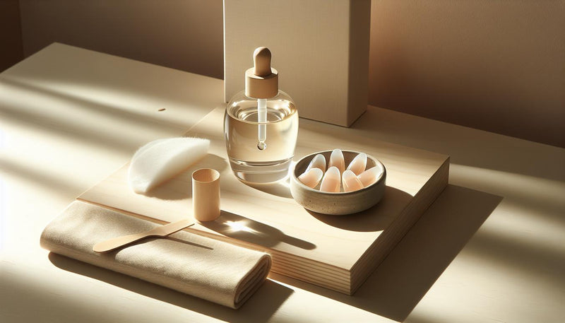 Nahaufnahme: offenes Nagelöl mit Tropfen, naturnahe Nail-Tips auf Keramik, Baumwollpads und dezentes Starter-Kit im Hintergrund – Ruhe, Nägel atmen lassen.
