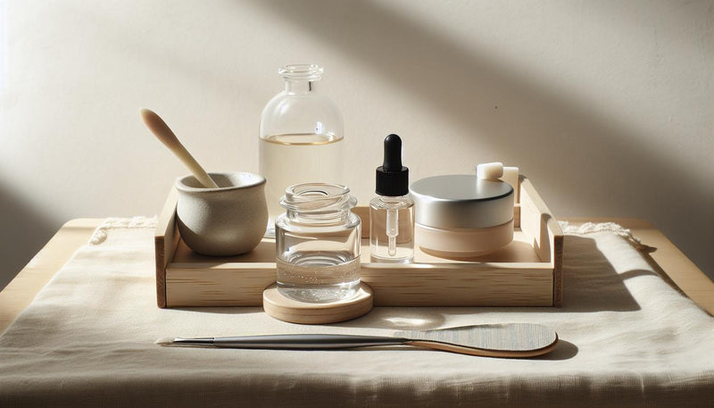 Minimalistischer Maniküre‑Arbeitsplatz auf Birkenholztablett mit offenem, unlabeled Gel‑Starterset, Nagelöl, Feile und LED‑Lampe im sanften Tageslicht — Nägel atmen