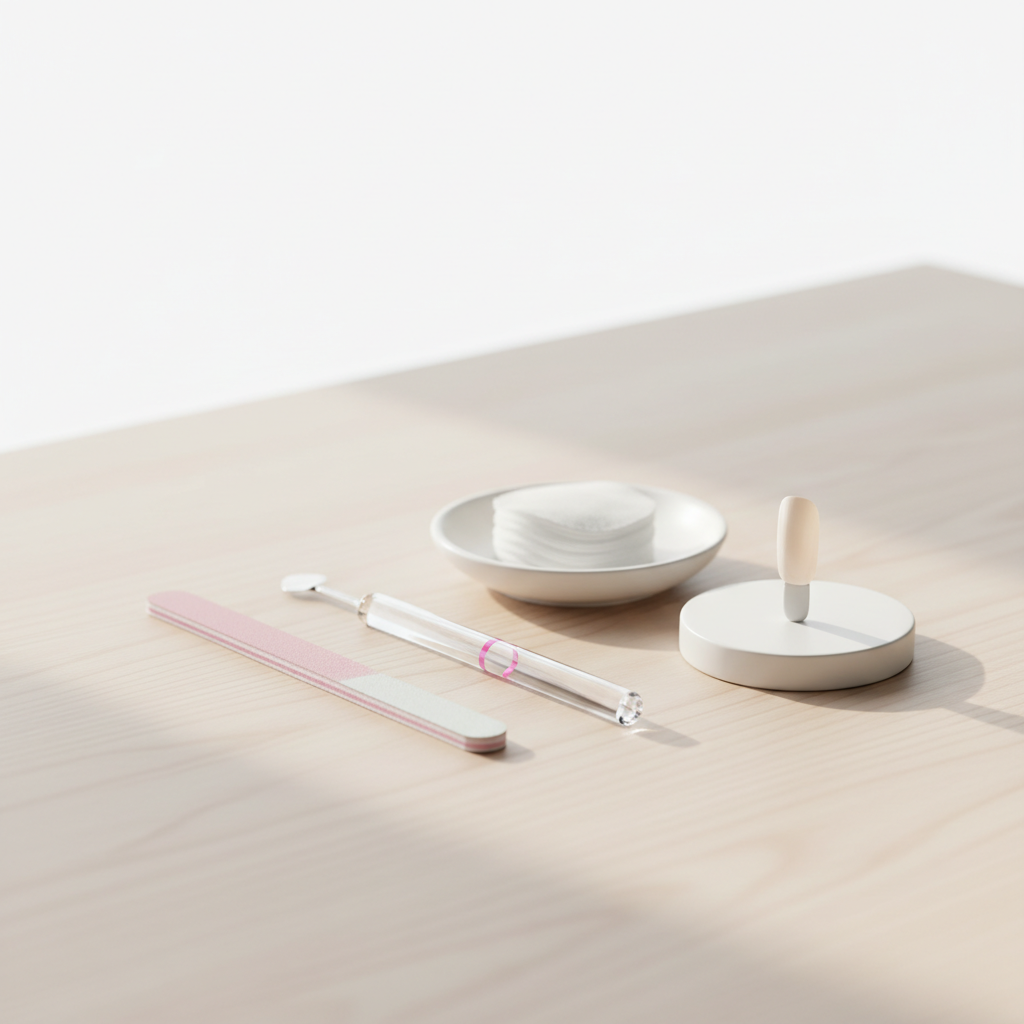 Minimalistisches Stillleben mit Nagelpflege-Utensilien und einzelner Nagelplatte auf hellem Holz, neutrale Pastellfarben und ruhiges Seitenlicht – Nägel bei Herzerkrankungen