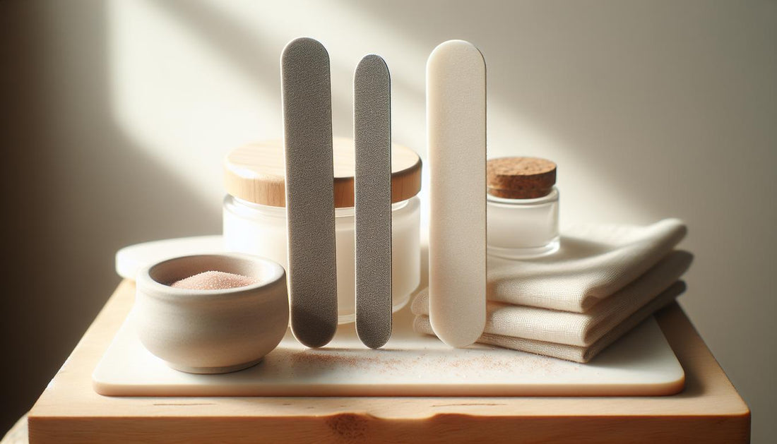 Nahaufnahme eines minimalistischen Feilensets (grob, mittel, fein) auf hellem Holz mit dezenten Pink- und Schwarz-Akzenten – Szene zum nägel feilen.