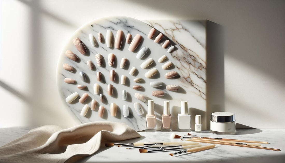 Flatlay auf hellem Marmor mit Nail‑Tips in Nude, Pastell und Chrom, feinen Pinseln, Gel‑Liner‑Fläschchen, kompakter UV/LED‑Lampe und einem kleinen Tuch mit Nagelöl – minimal, hell, feminine Nägel-Ästhetik.