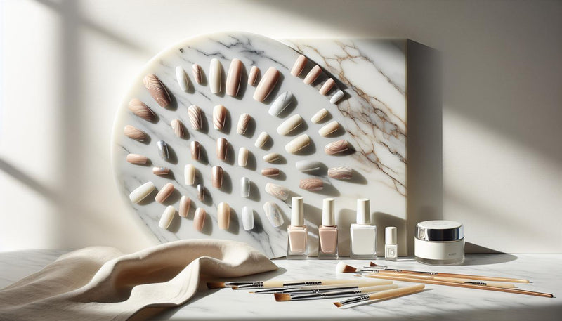 Flatlay auf hellem Marmor mit Nail‑Tips in Nude, Pastell und Chrom, feinen Pinseln, Gel‑Liner‑Fläschchen, kompakter UV/LED‑Lampe und einem kleinen Tuch mit Nagelöl – minimal, hell, feminine Nägel-Ästhetik.