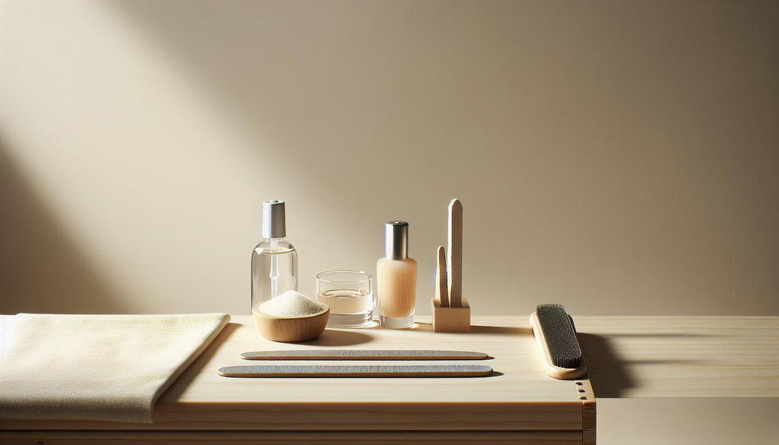 Sauber arrangierte Maniküre‑Arbeitsfläche mit Buffer, Holzstäbchen, feiner Feile, Dehydrator‑Fläschchen und LED‑Lampe auf hellem Holz – Nägel für Gel vorbereiten
