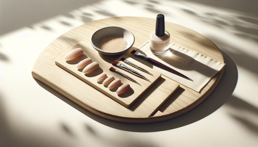 Flatlay mit fertigen Nageltips (oval, rund, squoval, kurze Coffin), feiner Pinsel, Top Coat-Fläschchen und Leinentuch auf hellem Birkenholz – minimalistisch, Nägel für kurze Finger