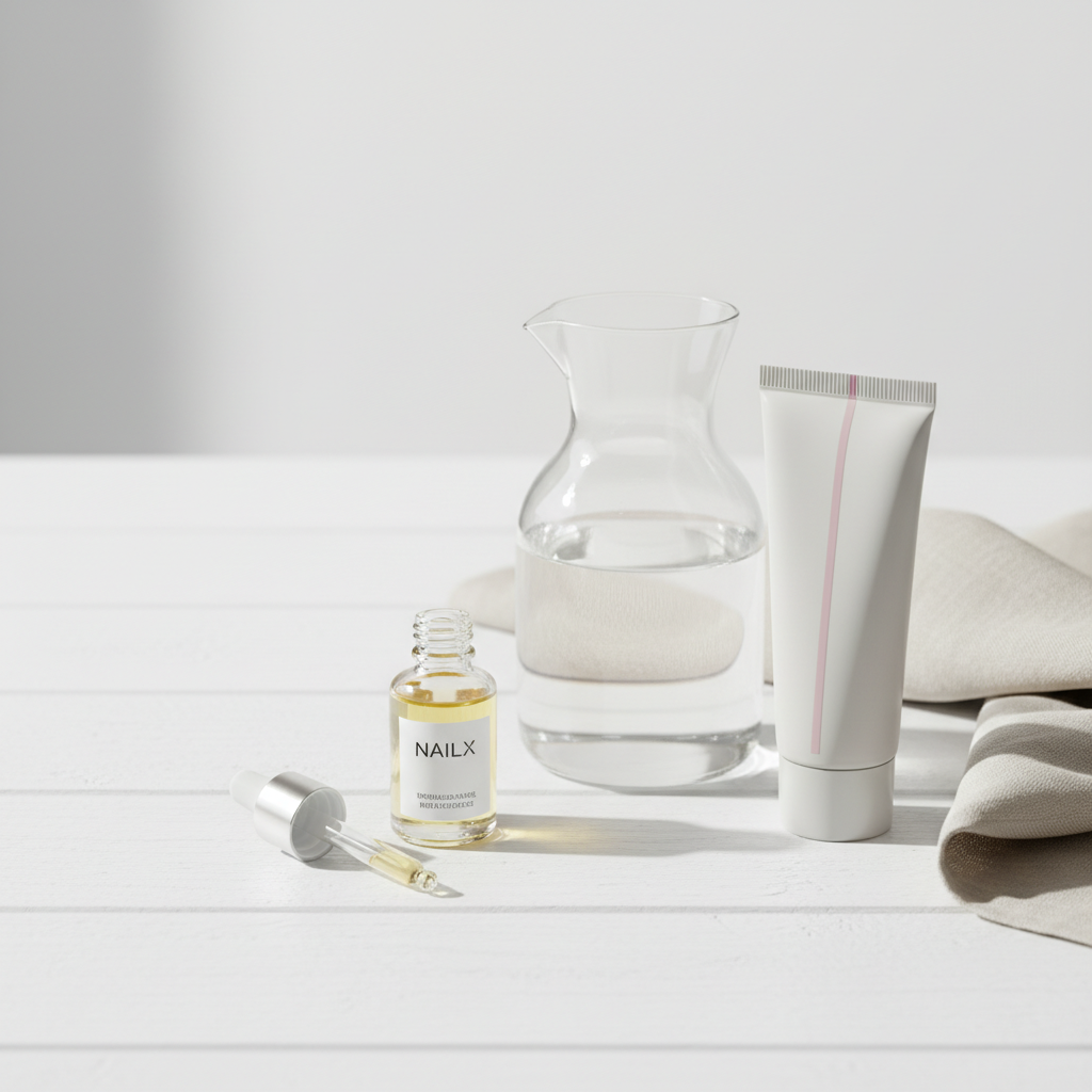Minimalistisches Still-Life mit geöffnetem Nagelöl, dezenter Handcreme in Pastell mit Akzent #f57fb6, Glascarafe und Leinen-Tuch auf weißem Holztisch – Nägel gesund wachsen lassen
