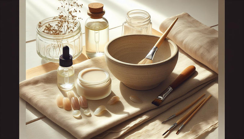Minimalistisches Pflege-Set mit kurzen, natürlichen Nagelspitzen, Cuticle-Öl und Leinen auf hellem Holz – ruhiges Motiv zur nägel im alter pflege.