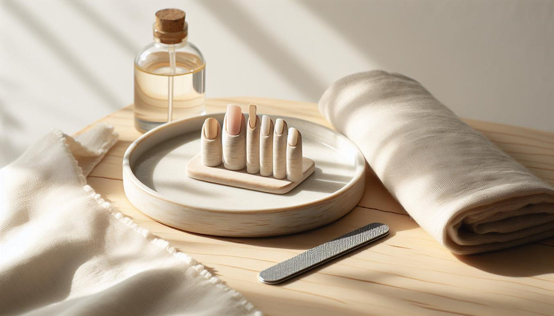 Modell-Nageltips mit Längsrillen, leichter Gelbfärbung und dünner Nagelplatte neben Ölfläschchen und Feile auf hellem Holz – nägel im alter