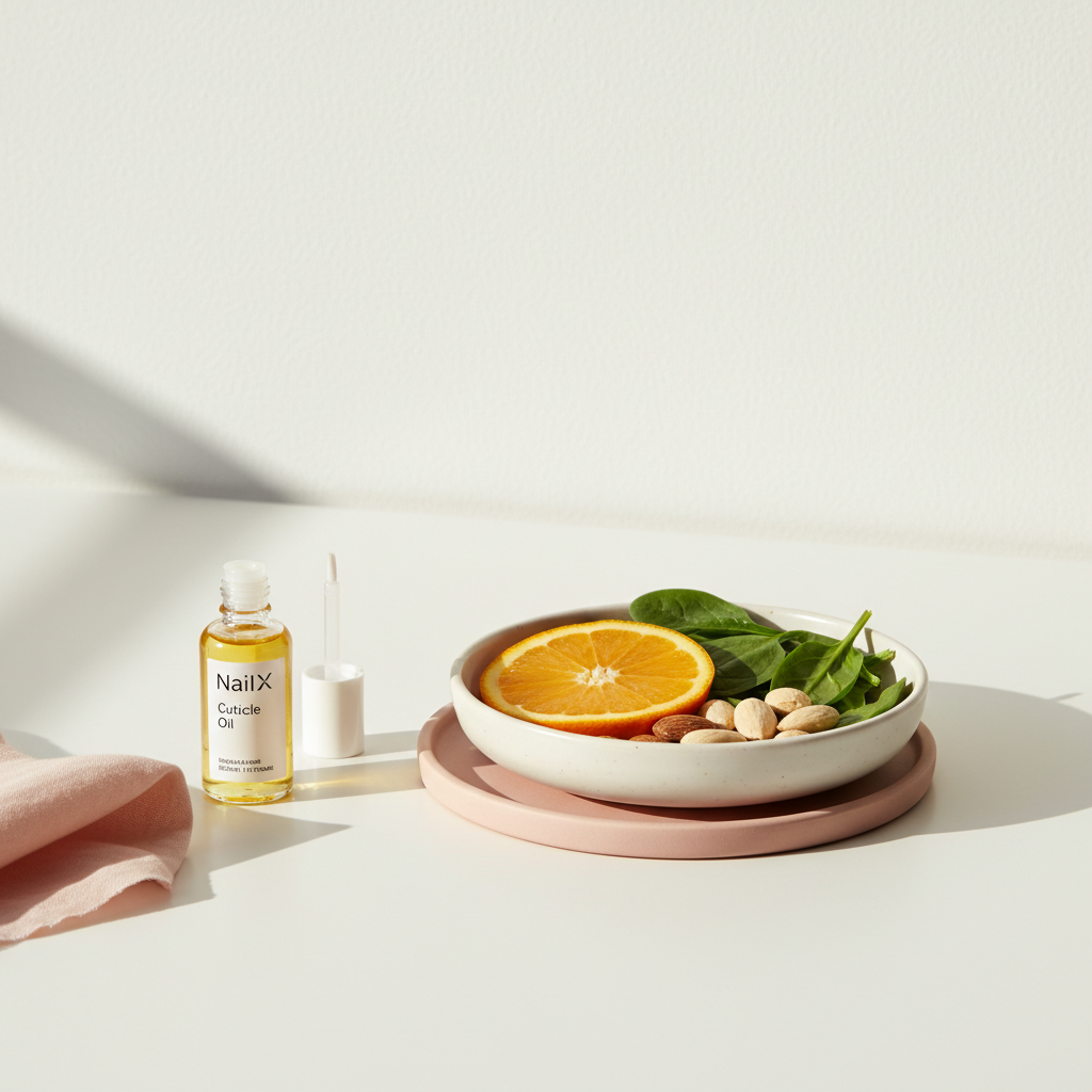 Minimalistisches Stillleben: geöffnete NailX-Kutikula-Ölflasche mit Orangenscheiben, Spinatblättern und Mandeln auf weißem Tisch – Produkt für Nägel, klinisch-warm und ästhetisch.