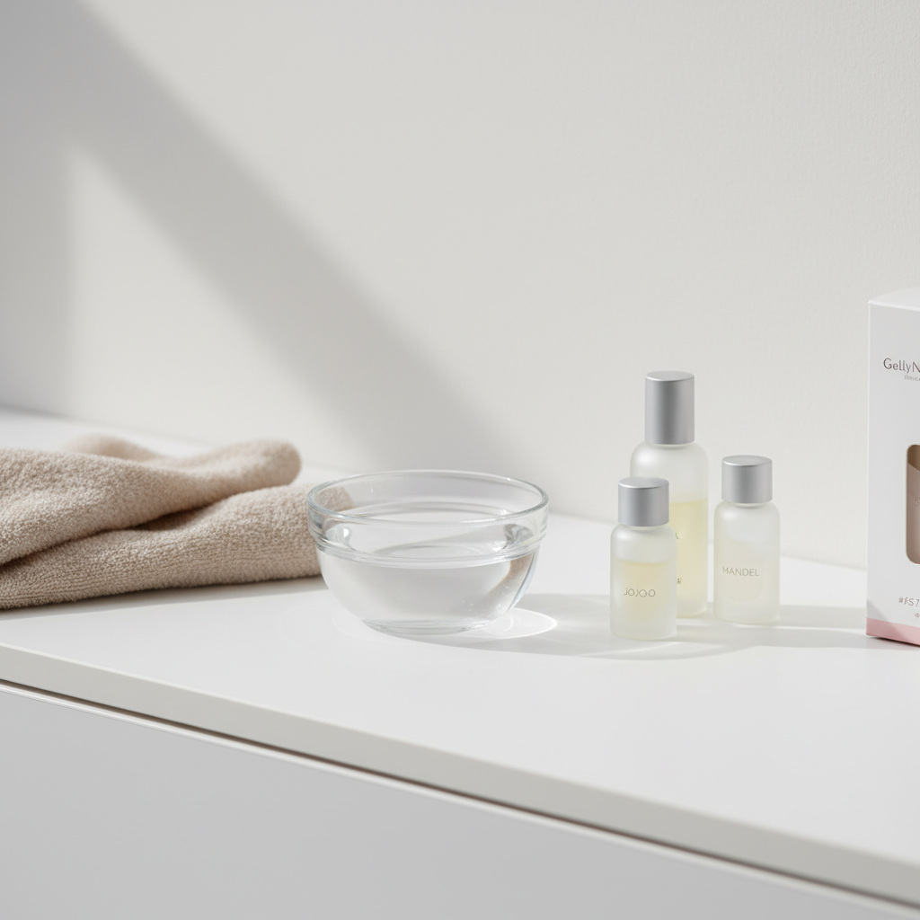 Minimalistische Badezimmerablage mit Glasschale, Ölfläschchen und GellyNails Kit – passend für Tipps zu Nägel nach dem Duschen