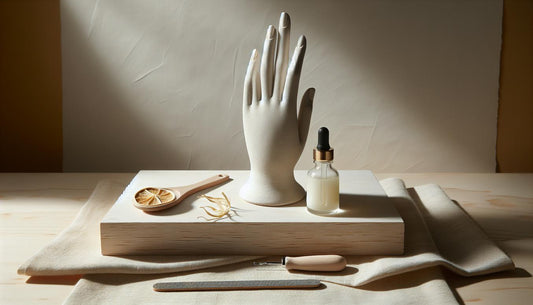 Matte Keramik-Handform mit unlackierten Nägeln, Nagelöl und Feile auf hellem Birkenholz – nägel ohne lack pflegen, minimalistisch und hell.