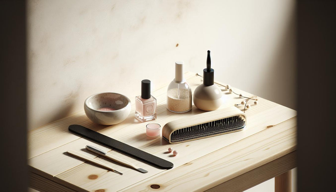 Minimalistische Maniküre‑Arbeitsfläche auf hellem Birkenholz mit Feile, Buffer, Keramikschälchen Dip‑Powder in Pink (#e684b4), Glas‑Nagelöl und offenem Basecoat, weiches Fensterlicht – nägel ohne lampe machen