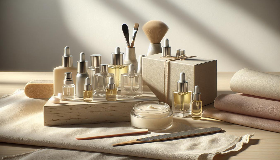 Aufgeräumtes Nagelpflege‑Stillleben mit Glasfläschchen Nagelöl, Tropfflaschen, Nagelfeile und neutraler Starter‑Kit‑Box – nägel ölen häufigkeit