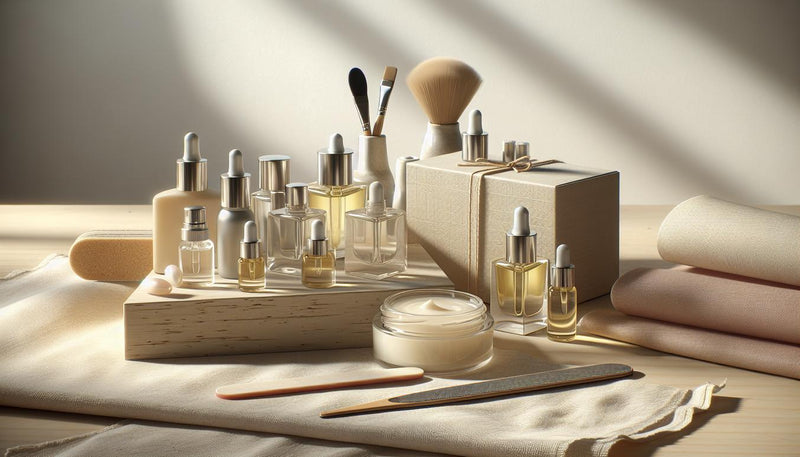 Aufgeräumtes Nagelpflege‑Stillleben mit Glasfläschchen Nagelöl, Tropfflaschen, Nagelfeile und neutraler Starter‑Kit‑Box – nägel ölen häufigkeit