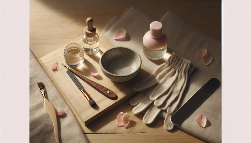 Stillleben mit Nagelpflege-Tools auf hellem Holz: Nagelöl mit pinkem Deckel, schwarze Feile, Steinzeugschale mit Jojobaöl und gefaltete Baumwollhandschuhe – Nägel schneller wachsen lassen
