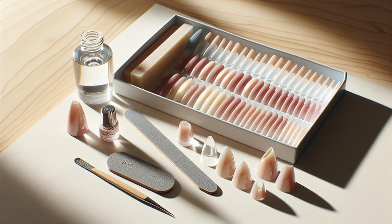 Nahaufnahme vorgeformter Soft‑Gel‑Nagel‑Tips (Coffin, Mandel, Square, Stiletto) auf hellem Holztisch mit etikettfreiem Fläschchen, Feile und subtilen Pink‑Akzenten.