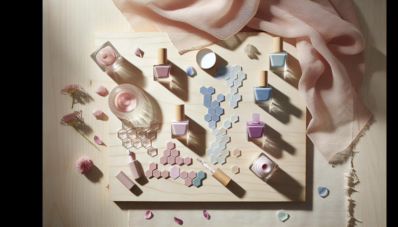 Flatlay mit kühlen Pastell-Nagellackfläschchen und HEX-Farbchips (rosé, eisblau, mauve, lavendel, kühles berry) auf hellem Birkenholz, nägel sommertyp