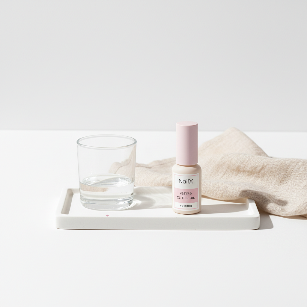 Minimalistisches Stillleben mit Tablett, offenem Glas, naturfarbenem Stoff und pastellfarbener Nagelhaut-Öl-Flasche – Nägel splittern Ursachen, sanfte Pflegeästhetik