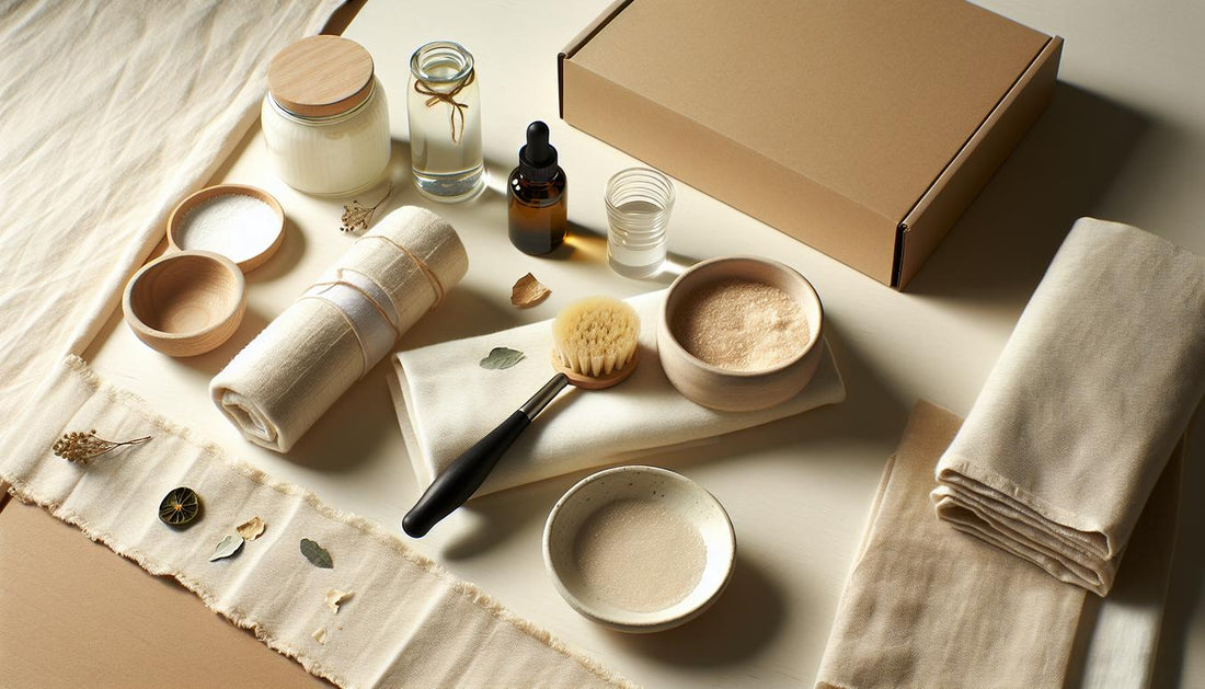 Minimalistische Beauty‑Arbeitsfläche mit Handtuch, Jojoba‑Öl in Keramikschale, feinem Buffer, Creme‑Tiegel und neutralem Starter‑Kit – helles Tageslicht, Nägel stärken.